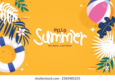 Hello summer background clipart design. Hello summer greeting text in empty space orange frame background with white and blue tropical elements clip art vector illustration.