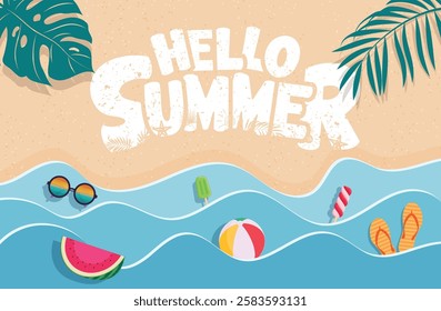 Hello summer background clipart poster design. Summer greeting text clip art in paper cut sea wave style, sand, leaves and tropical elements for holiday season decoration vector illustration.