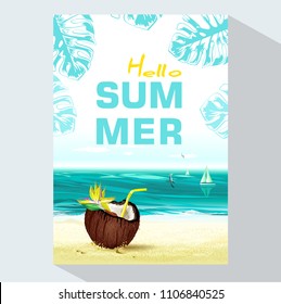 Hello Summer background with coconut, sea and the beach,  sailboats, seagulls and flowers paradise bird, palm leaves.  Marine tropical landscape. Summer placard, poster, flyer, banner invitation card.