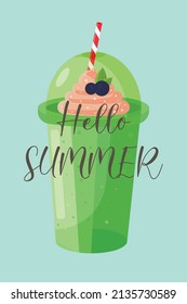 Hallo Sommer Hintergrund mit kaltem Milchshake mit Sahne und Beeren. Symbol der Sommersaison. Flache Vektorgrafik