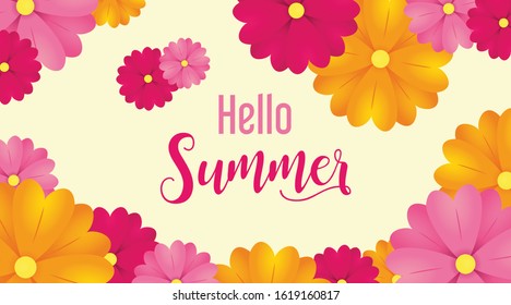 Hello summer background with colored flowers. Summer background