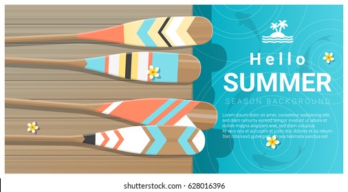 Hello summer background with colorful canoe paddles on wooden pier , vector , illustration