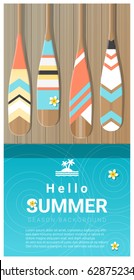 Hello summer background with colorful canoe paddles on wooden pier , vector , illustration