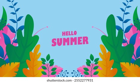 Hello Summer Background with colorful leaves and flowers. Tropical leaves background. Summer holiday banner with tropical foliage