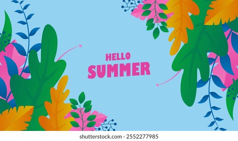 Hello Summer Background com folhas coloridas e flores. Tropical deixa fundo. Banner de férias de verão com folhagem tropical