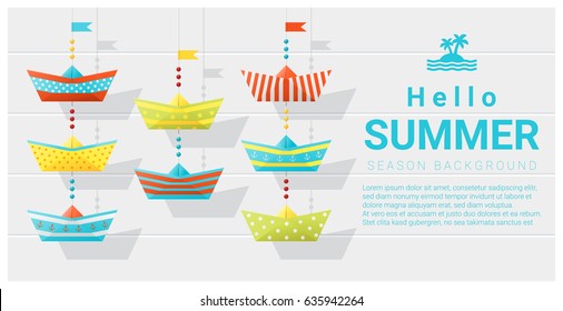 Hello summer background with colorful paper ship , vector , illustration