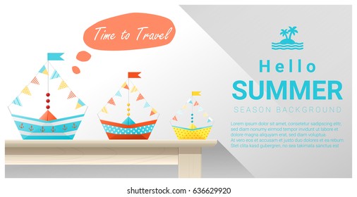 Hello summer background with colorful paper ship , vector , illustration