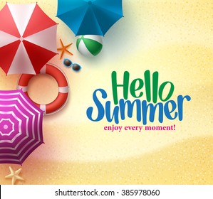 Hello Summer Background with Colorful Umbrella, Beach Ball, and Lifebuoy in the Sand Sea Shore for Summer Season. Vector Illustration
