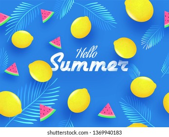 Hello Summer background concept with lemons, watermelon slices and leaves on blue background.