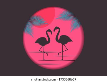 Hello summer background. Cool flamingo with palm vector illustration.