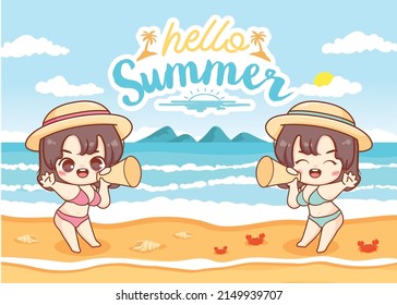 Hello summer background with cute girl bikini at sea beach cartoon illustration