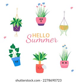 Hello summer background with cute kawaii plants