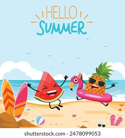 Hello summer background with cute pineapple and watermelon cartoon 