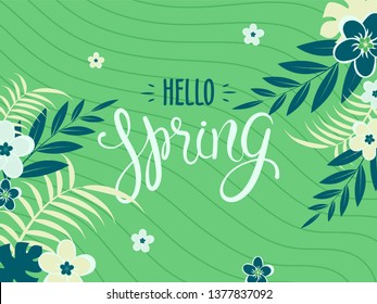 Hola fondo de verano decorado con hermosas flores y la ilustración de hojas. Se puede usar como póster o diseño de tarjetas de felicitación.