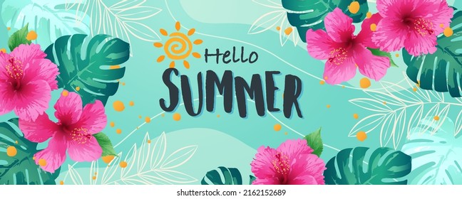 Hello summer background decorated with hibiscus flowers and tropical leaves on light green abstract background. Template for fashion ads, horizontal poster and social media