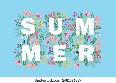 Hola fondo de verano decorado con flores de hibisco y hojas tropicales sobre fondo abstracto verde claro. Plantilla para anuncios de moda, afiches Horizontales y redes sociales
