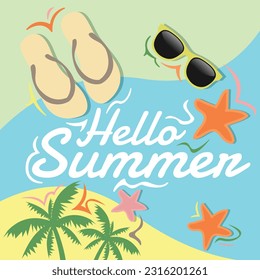 Hello summer background design. Summer beach concept infographic, Vector illustrator with flowers, palm leaves and summer beach accessories