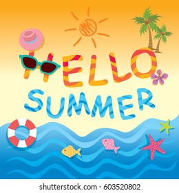 Hello summer background design and decoration with beach element.