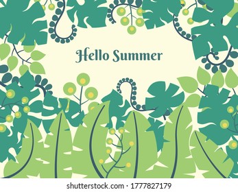 Hello Summer background design with tropical exotic leaves. Summer Holiday Concept.