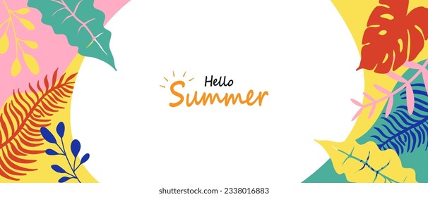 Hello Summer background. Design with tropical leaves on colorful background. Vector.