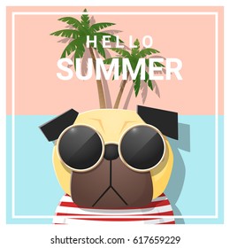 Hello summer background with dog wearing sunglasses , vector , illustration