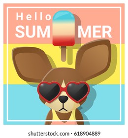 Hello summer background with dog wearing sunglasses , vector , illustration