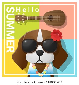 Hello summer background with dog wearing sunglasses , vector , illustration