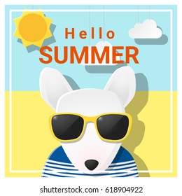 Hello Summer Background With Dog Wearing Sunglasses , Vector , Illustration