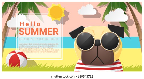 Hello summer background with dog wearing sunglasses , vector , illustration