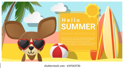 Hello summer background with dog wearing sunglasses , vector , illustration