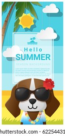 Hello summer background with dog wearing sunglasses , vector , illustration
