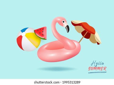 Hello summer background. Flamingo inflatable toy, watermelon, beach umbrella, beach ball. Summer festive background. İllustration - Vector. - Shutterstock ID 1995313289