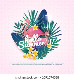 Hello Summer background with flamingo, leaves and frangipani flowers 