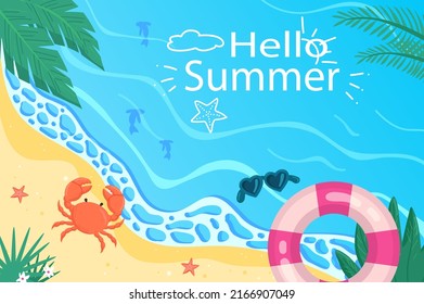 Hola fondo de verano en diseño de dibujos animados planos. Papel tapiz con playa de verano arenosa con olas de mar, hojas de palma, anillo de goma, gafas de sol y otros. Ilustración vectorial para la plantilla de afiches o banners