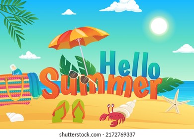 Hello summer background in flat cartoon design. Wallpaper with sea beach, sunglasses, umbrella, bag with sunscreen, crab, slippers and palm leaves. Vector illustration for poster or banner template