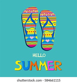 Hello Summer. Hello summer background with flip-flops. Vector illustration