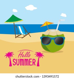 Hello Summer, with a background of fresh coconut ice and a beach with umbrellas and beach chairs. - vector