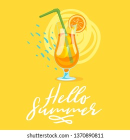 Hello Summer background with fresh juice cocktail. Vector illustration.