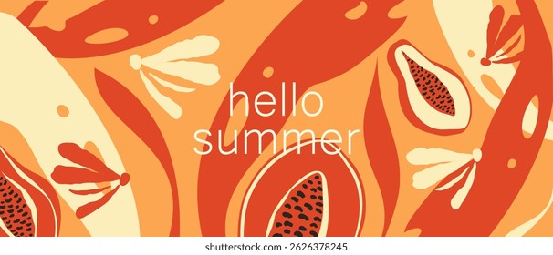 Hello summer. Background with fruits, tropical leaves. Vector illustration.