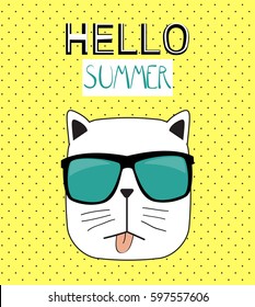 Hello Summer Background with Funny Hand Drawn Cat. Vector Illustration. EPS10