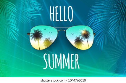 Hello Summer Background with Glass and Palm. Vector Illustration EPS10