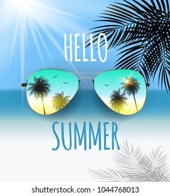 Hello Summer Background with Glass and Palm. Vector Illustration EPS10