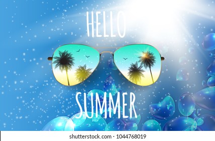Hello Summer Background with Glass and Palm. Vector Illustration EPS10
