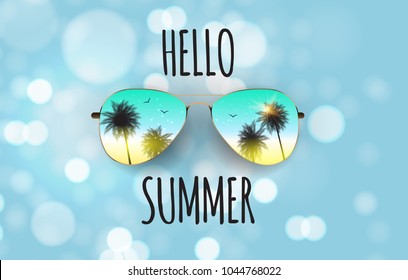 Hello Summer Background with Glass and Palm. Vector Illustration EPS10