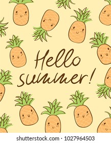 Hello summer. Background with hand drawn cute pineapples. Vector illustration.