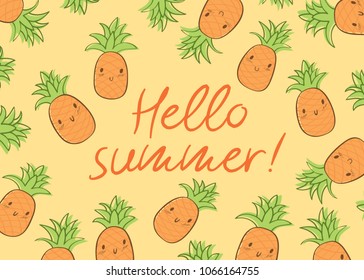 Hello summer. Background with hand drawn pineapples. Floral elements for your design. Vector illustration.