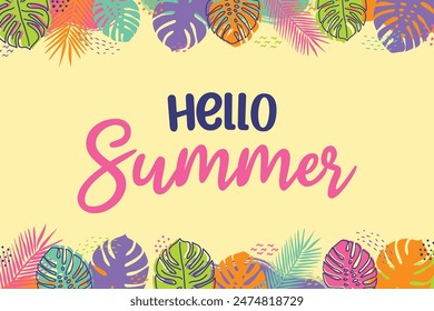 Hello Summer background with hand drawn monstera leaves. Vector illustration