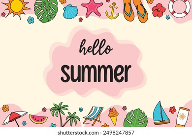 Hello Summer background with hand drawn beach icons. Vector illustration