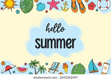 Hello Summer background with hand drawn beach icons. Vector illustration