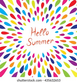 Hello summer background. Summer holidays cover with sun and ray beams. Hello summer greeting card. 